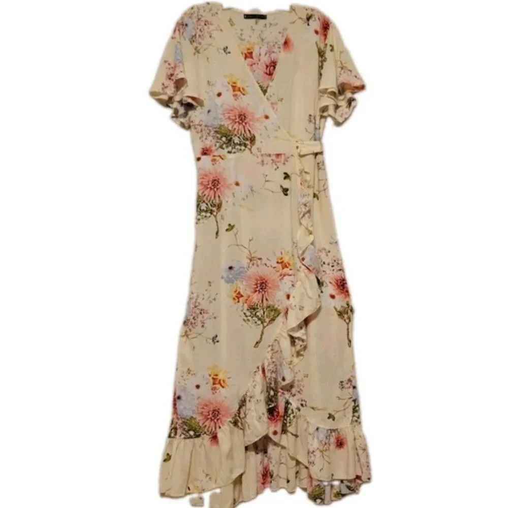 Acanela Expedition Women's Floral Wrap Midi Raffledi Dress Flutter Sleeve Size L